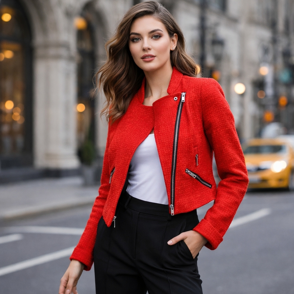 Dex Red Tweed Moto Jacket | Cropped Asymmetrical Zip Biker Style Blazer